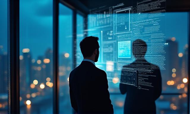 Executive looking at a large digital data screen