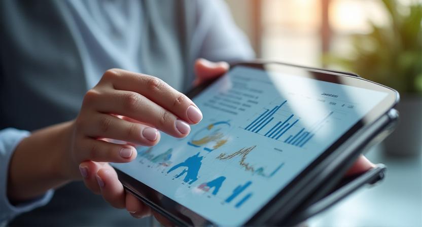 Professional using a tablet with advanced business intelligence overlays