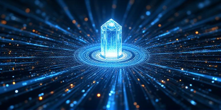 Abstract representation of data streams merging into a central core