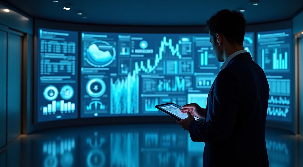 Data analyst using an intelligent dashboard showing financial ROI metrics